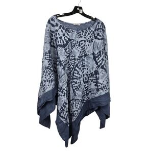 Elena Baldi Linen Blend Poncho Top OS One Size Denim Blue Italian Resort Coastal